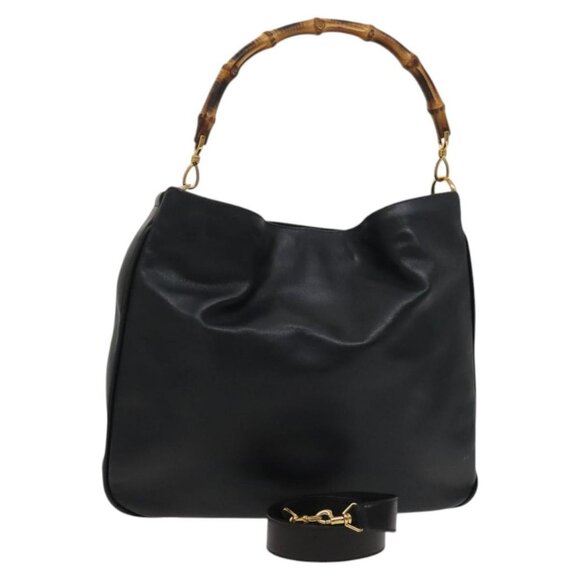 GUCCI Bamboo Shoulder Bag Leather 2way Black Gold - Picture 1 of 15